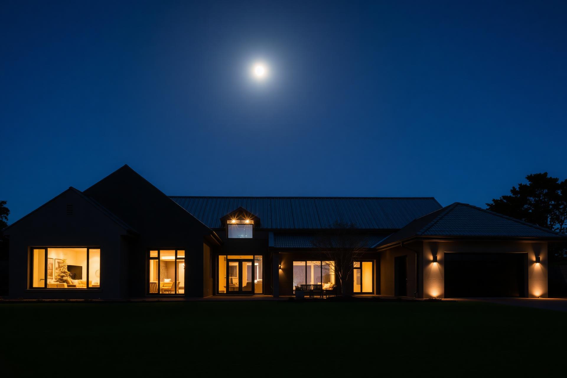 A contemporary South African home illuminated at dusk